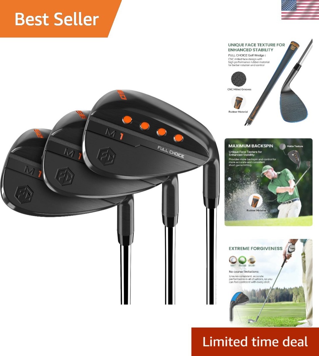 Golf Wedges, CNC Milled Face for More Spin and Control, 52/56/60