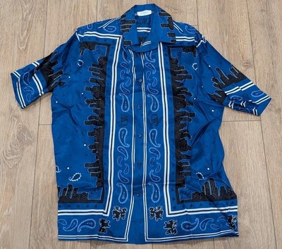 $850 Mens Off-White Bandana SS Satin Button Up Bowling Shirt Blue