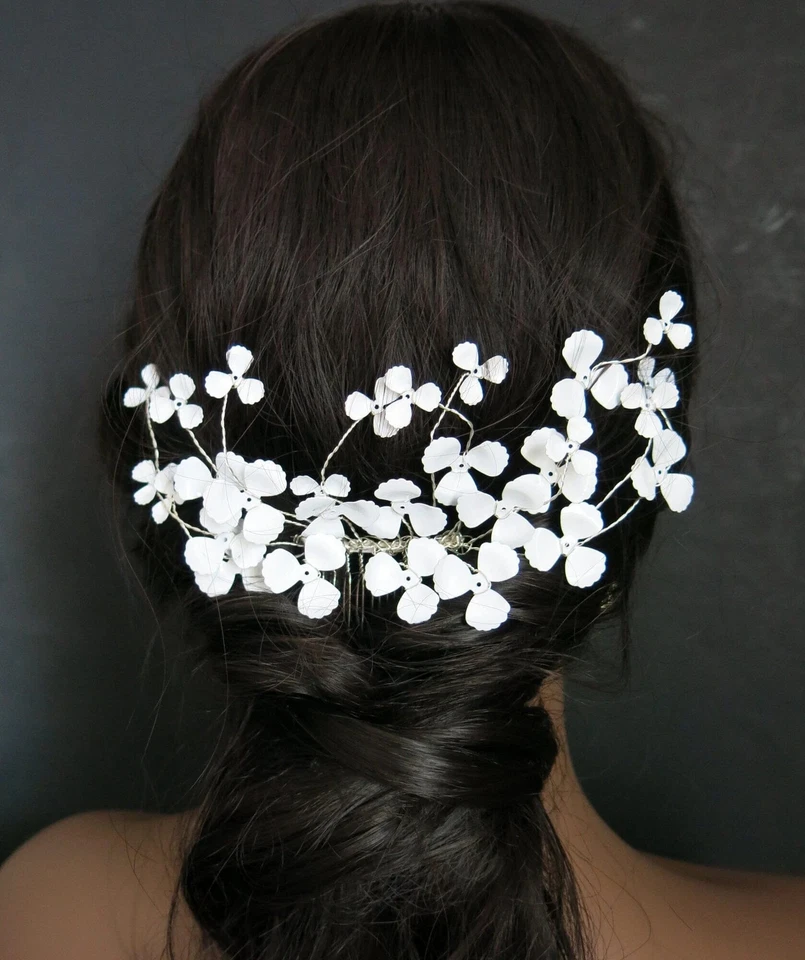 Floating Metal Flower Wedding Hair Comb, Bridal White Floral Silver Wire Hairpin - Image 2 of 4