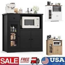 Kitchen Microwave Cabinet w/ Glass Door, Drawer Adjustable Shelf for Small Space