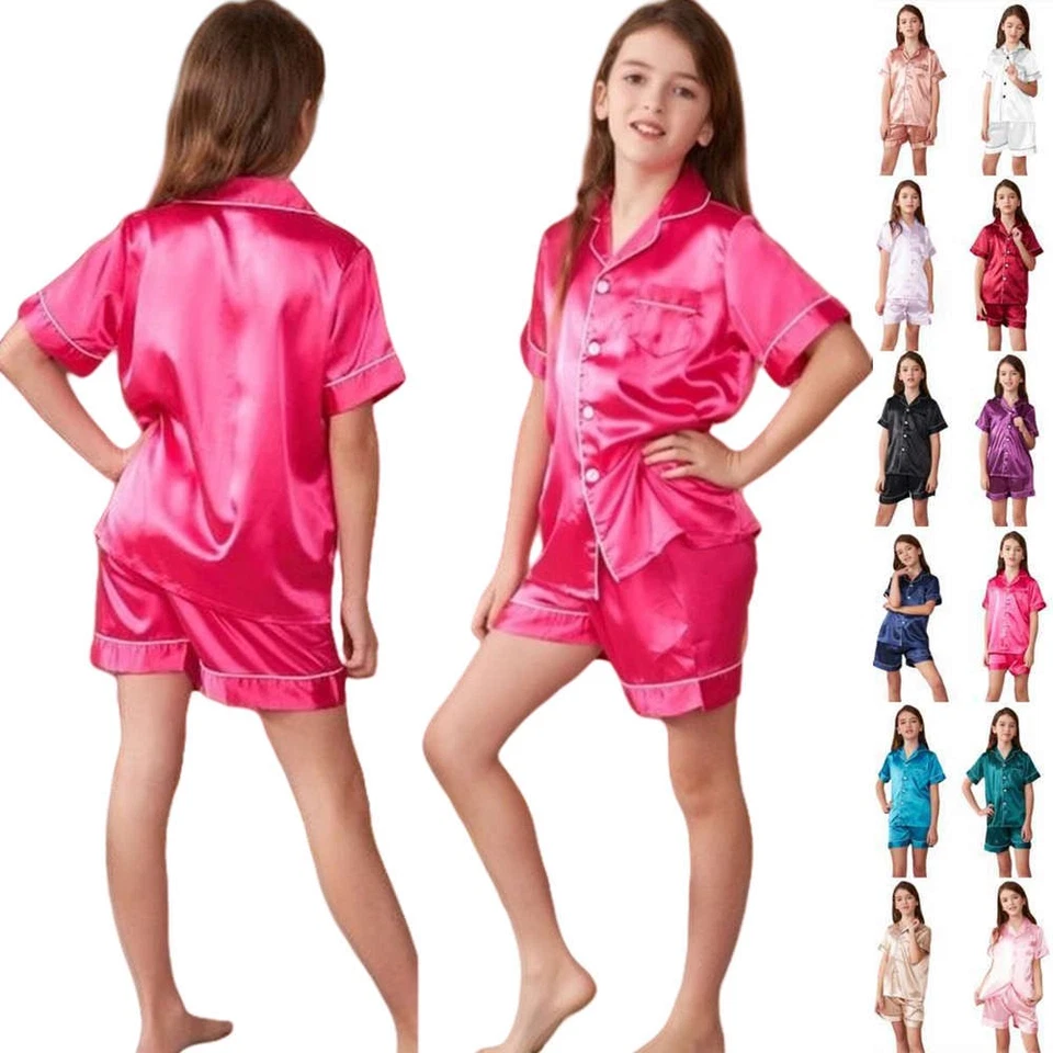 JAZJOZ UK Boys Girls Silk Pyjamas Nightwear Top Pants Pjs Satin Sleepwear Outfits Kids