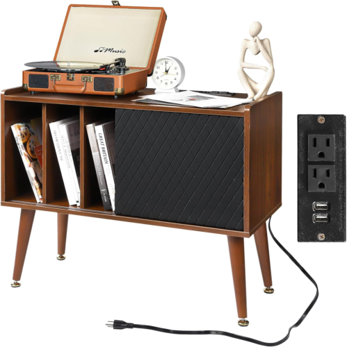 Large Record Player Stand with Charging Station, Vinyl Record Storage Cabinet wi