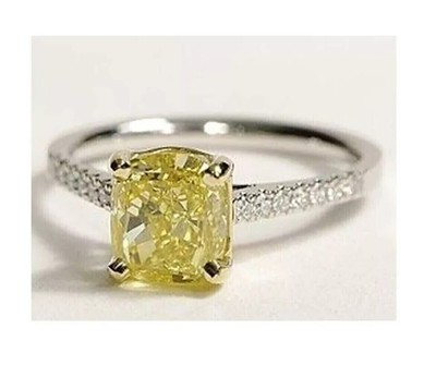 3Ct Cushion Cut Lab Created Canary Yellow Engagement Ring 14k White Gold plated
