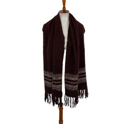 Simply Noelle Maroon Knit Fringe Scarf Striped Soft Cozy Acrylic Winter  Wrap