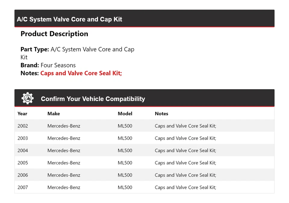 Kit de núcleo y tapa de válvula de sistema de aire acondicionado Mercedes-Benz ML500 2002-2007 4 estaciones Foto 2 de 4