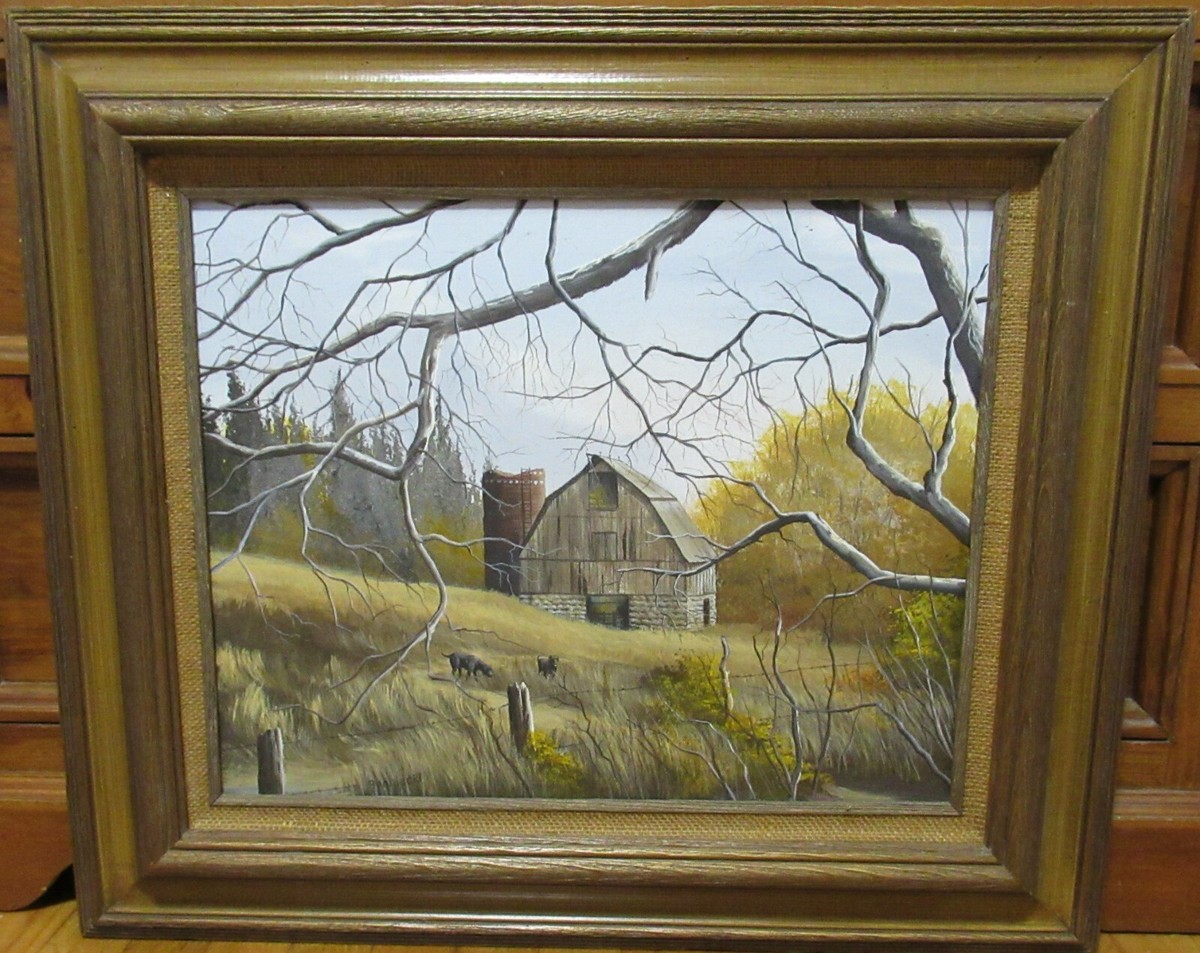 油彩画「Осеннее раздумье」 1946年 Kazonn O.A. ANTON ZNANIECKI DOGS IN A FIELD ORIGINAL OIL ON CANVAS BARN