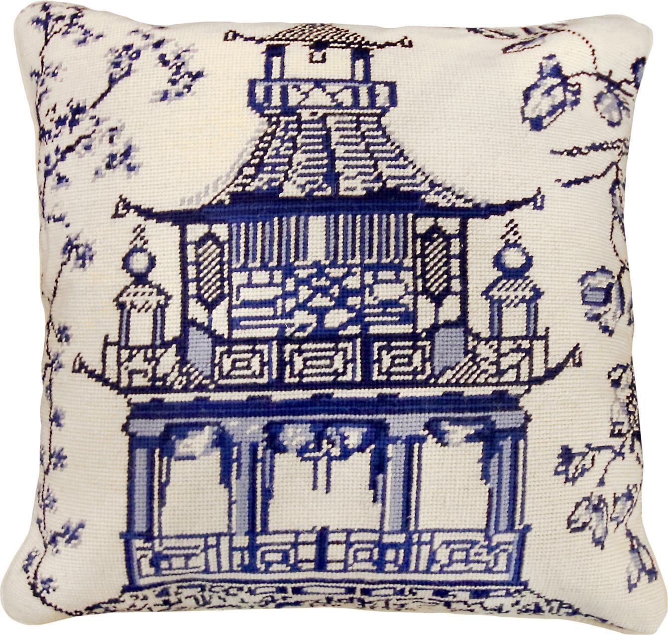 Throw Pillow Needlepoint Blue Pagoda 18x18 Antique White Cotton Velvet Back-image