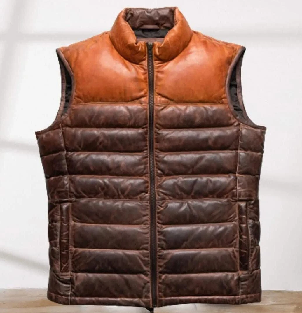 Men Vintag Biker Puffer Vest Real Sheepskin Leather Quilted Sleeveless waistcoat
