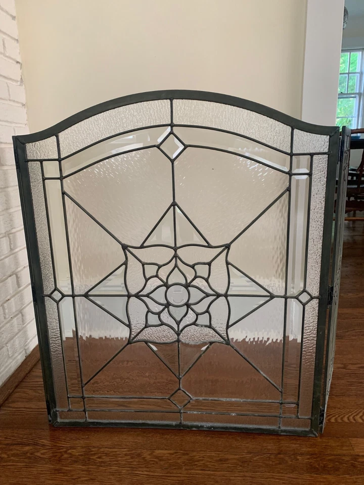 Pantalla de chimenea plegable vintage de vidrio transparente con textura biselada Foto 3 de 4