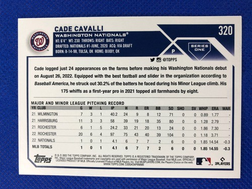 2023 #320 Cade Cavalli Topps Series 1 Baseball RC - Picture 2 of 2