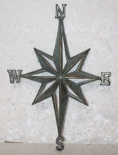 Vintage Style Rustic Iron Antiqued North Star Compass Nautical Wall Art 14"x10"