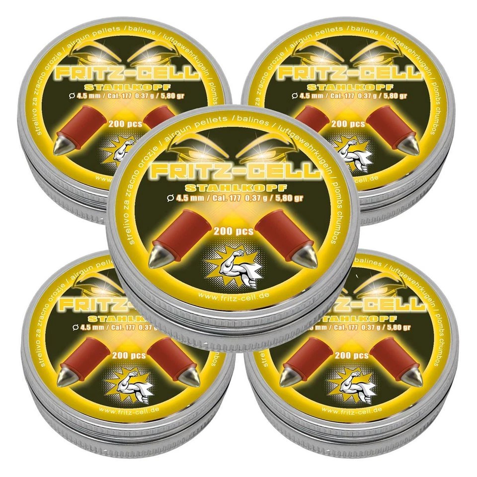 5 x 200 Fritz Cell Stahlkopf 4,5 mm Diabolos Spitzkopf, Luftgewehr, Luftpistole