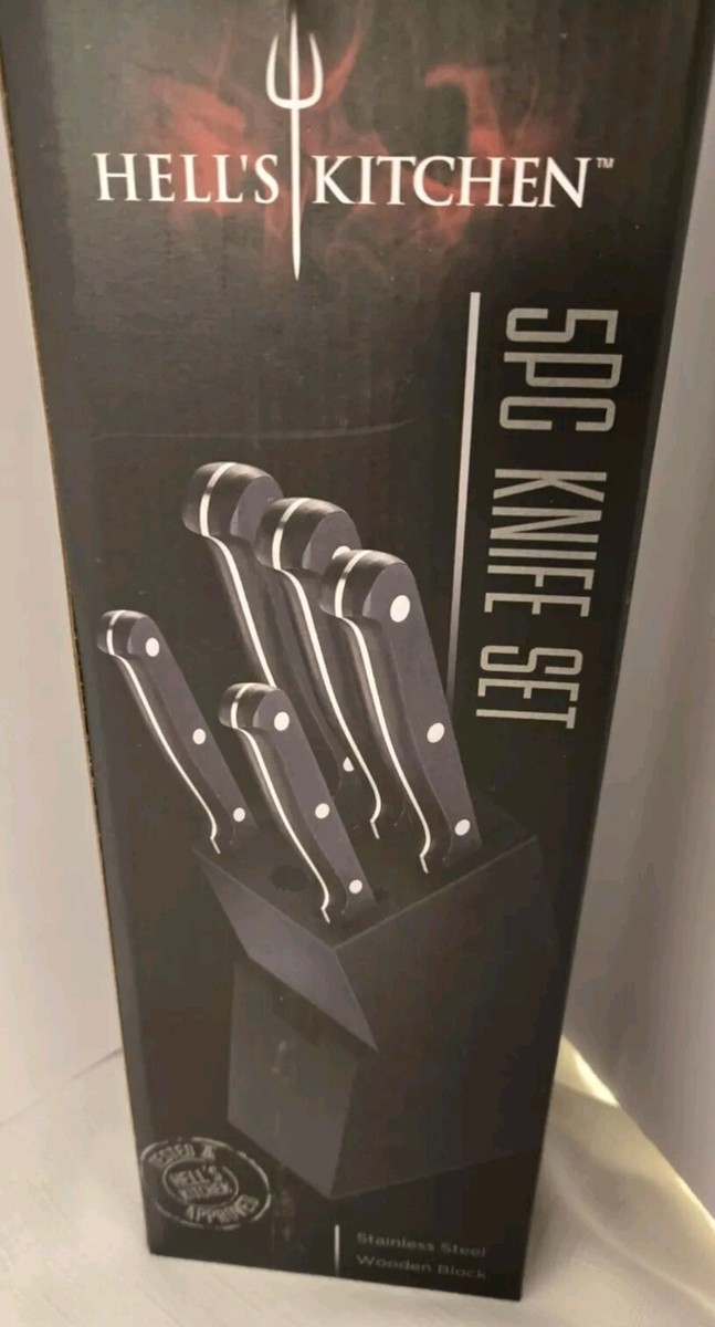 Hells Kitchen 5 PC Knife Set NIB Stainless Steel Wooden Block by
