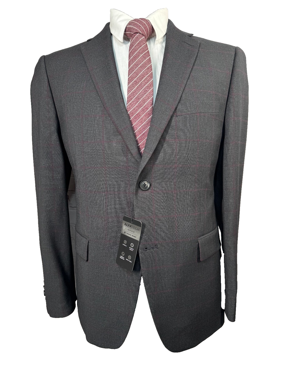 NEW ALFANI Mens Gray SLIM FIT STRETCH Windowpane Sport Coat Blazer