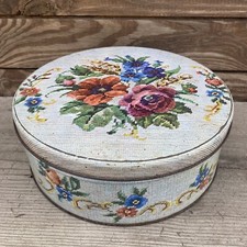 Antique 10&rdquo; Metal Tin With Lid Floral Cross Stitch Design Unmarked