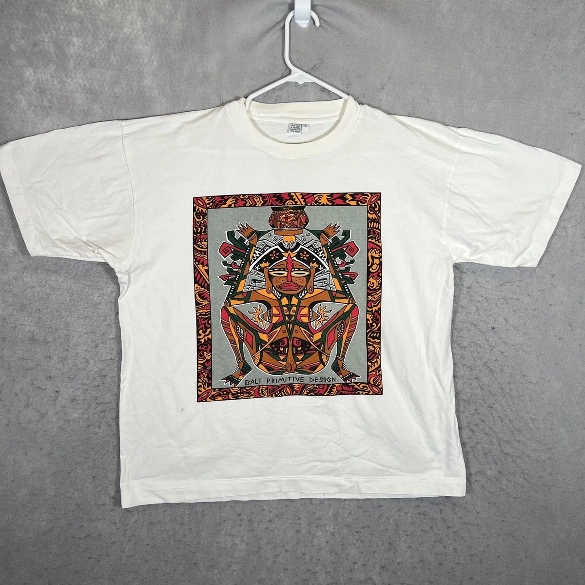A1 Vintage 90s Bali Primitive Design Art T Shirt Adult XL White Cotton Mens