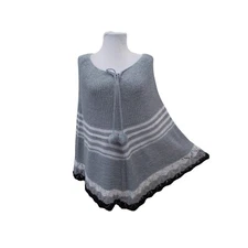 NWT VERTIGO Gray Black White Sweater Poncho w/ Pom Pom Ties Sz M