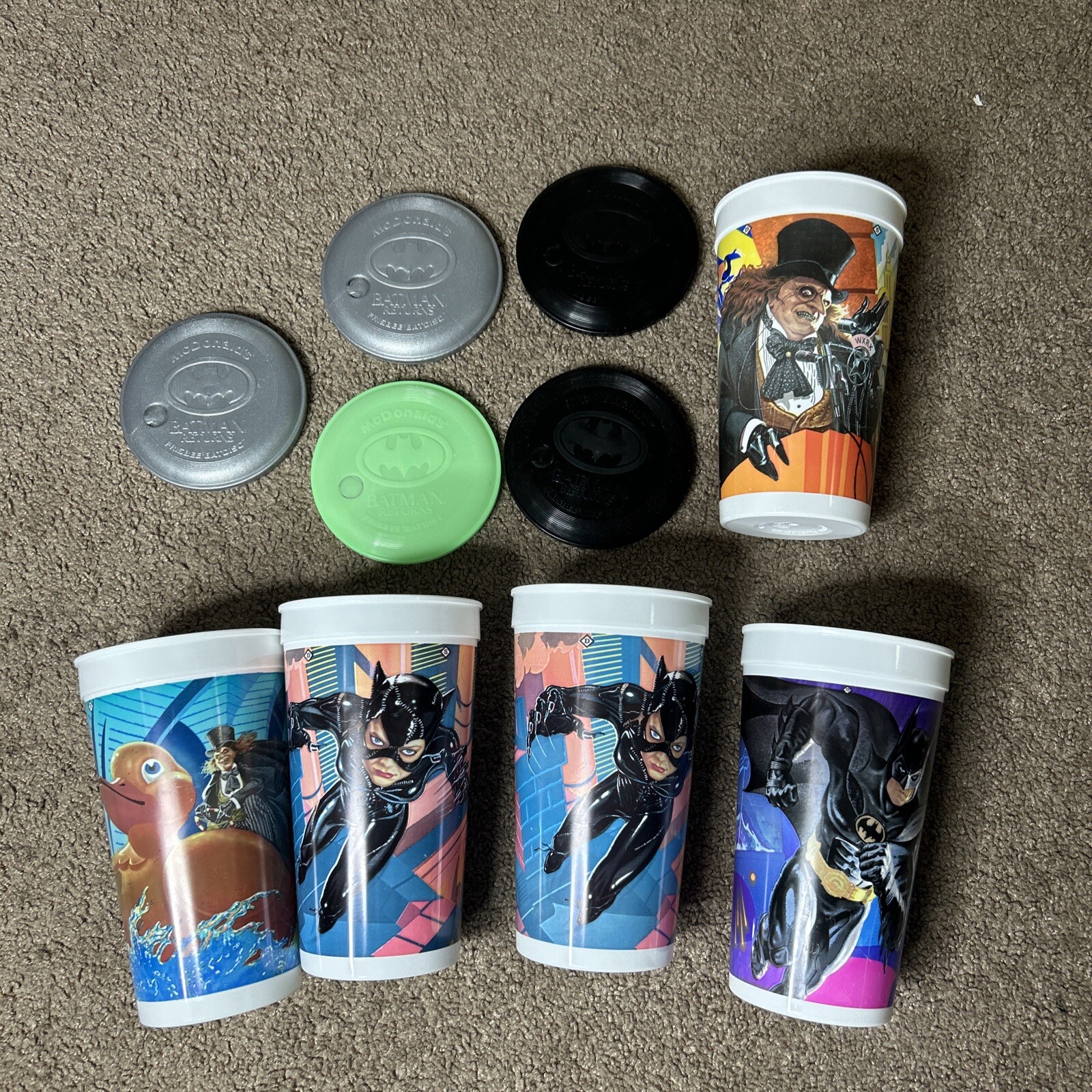 5 Batman Returns McDonald's Collector Cup Cups Lot Set w Lids 1992