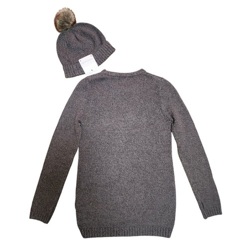 Tahari Sweater Hat 2 Piece Girls L Gray Cotton Blend Knit Red Heart Faux Fur Pom - Picture 5 of 8