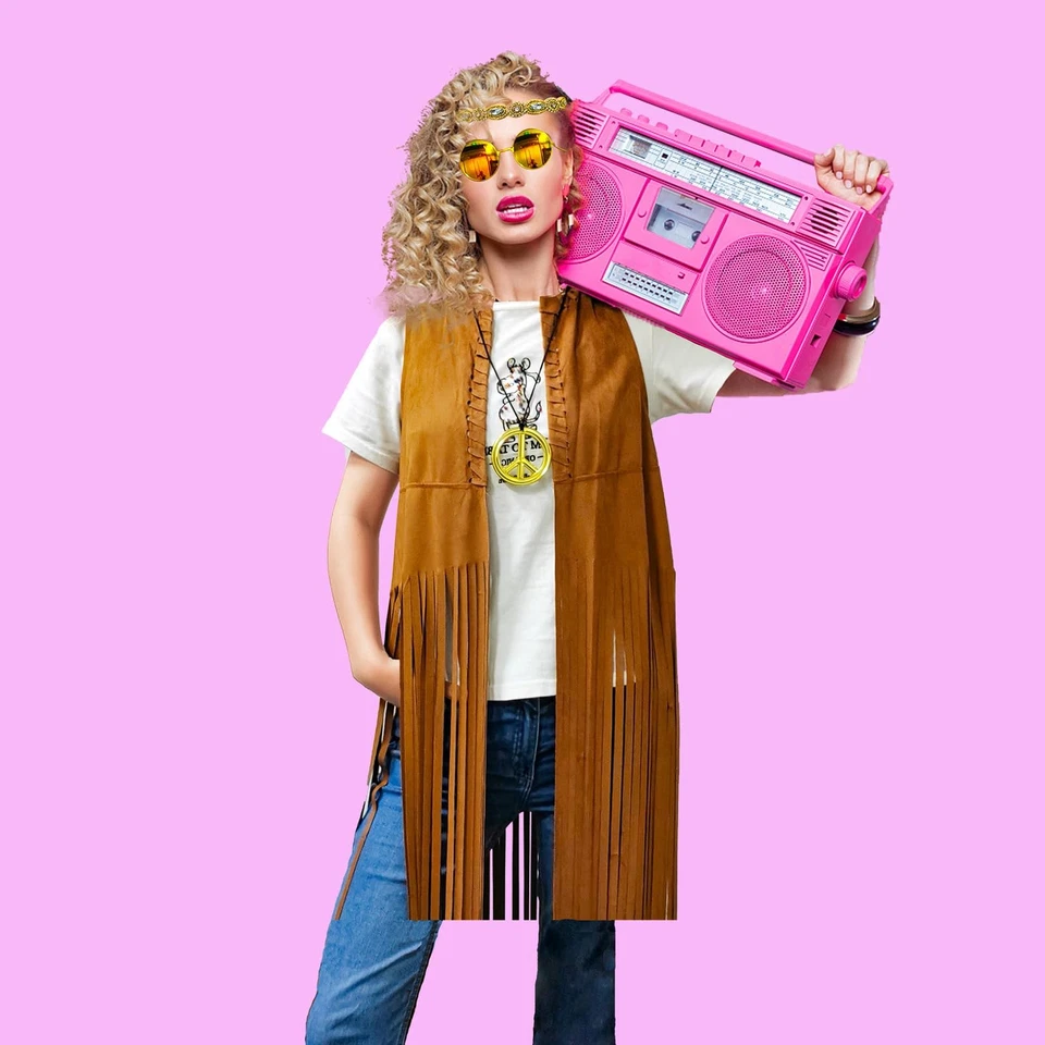 Trajes años 60 70, disfraz hippie, chaleco borla con flecos de gamuza sintética, conjunto de diadema Foto 2 de 4