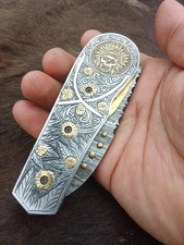 Custom Hand Engraved Damascus Steel Pocket Folding knife Collectors Item