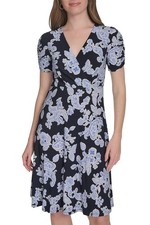 Tommy Hilfiger Womens V-Neck Ruched-Sleeve Dress 4 Sky Captain/Blue - NWT $119