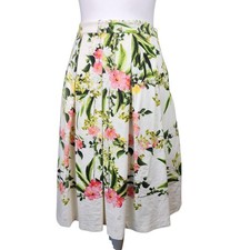 Talbots A-Line Skirt White Womens 8 Pink Floral Hibiscus Box Pleat Wedding Guest