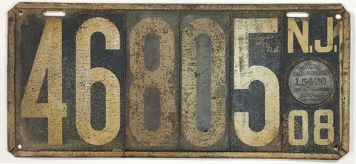 New Jersey 1908 License Plate 46805 Original Paint Sign Antique