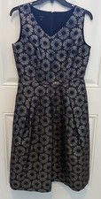 NWT WOMEN'S TALBOTS Black & Silver METALLIC Daisy Floral PLEATED Dress ~ SIZE 4