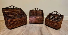 3-Piece Wicker Wall Basket Set Brown 12-15" Tall Hanging Home Decor