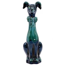 Vintage Blue Mountain Pottery Dog with Bow 13" Figurine Green Drip Glaze Canada