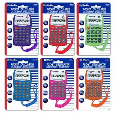 BAZIC 8-Digit Pocket Size Calculator w/ Neck String, pack of 24