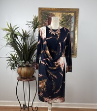 Simply Vera Vera Wang Dress Medium Ruched Sheath Navy Pink Long Sleeve Midi Boho
