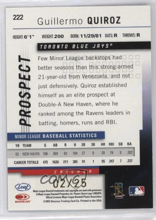 2004 Leaf Prospect Press Proof Gold /25 Guillermo Quiroz #222 - Image 2 of 2