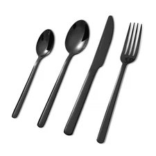 -Elysian -24 Piece Set Black Stainless Steel Home Kitchen Flatware Include Fo...