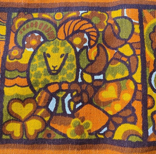 Vintage Rindenstoff Tischdecke Sternzeichen orange, grün, gelb 54" x 72" NEUWERTIG - Bild 18 von 22