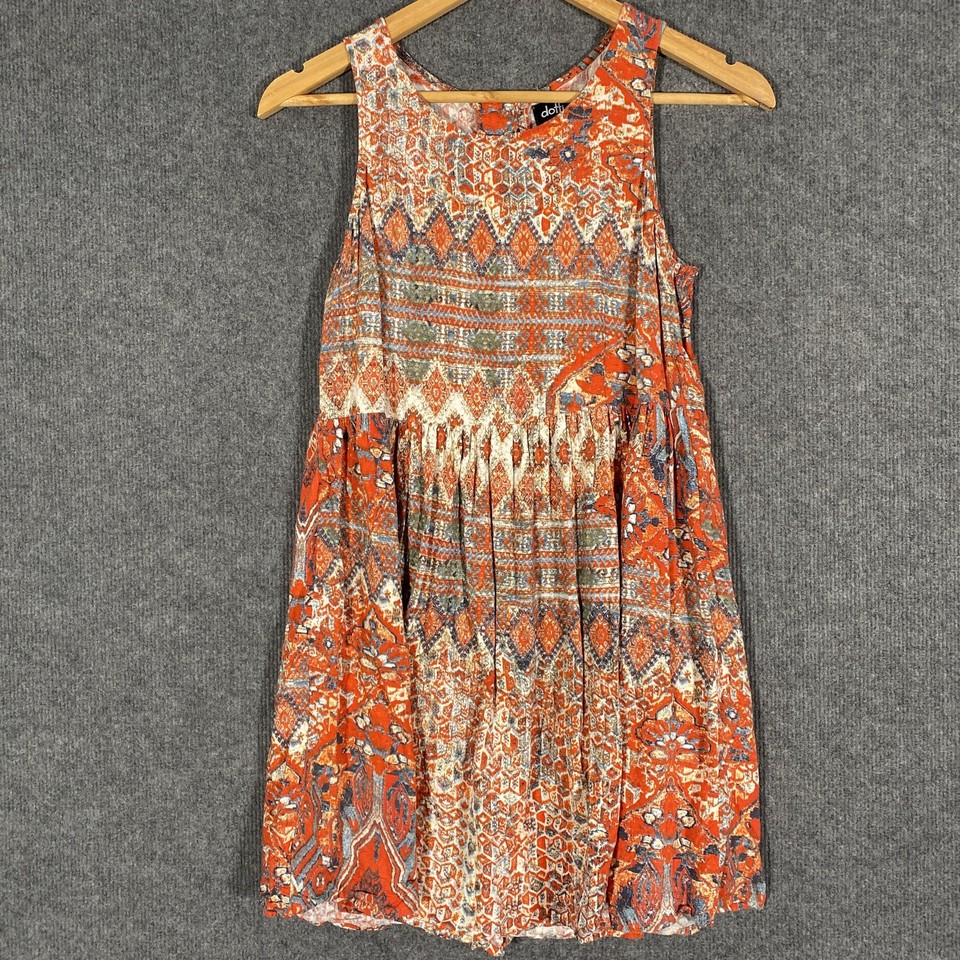 Dotti Dress Womens 8 Red Blue Geometric Boho Swing Mini Short Sundress