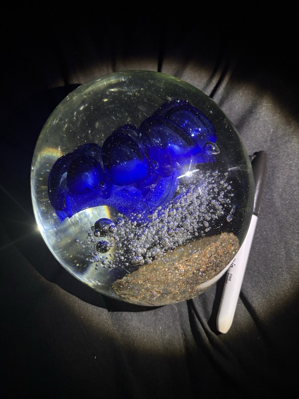 Large Clear Blue Glass Orb Paperweight Abstract Design w/ Bubble Inclusion
