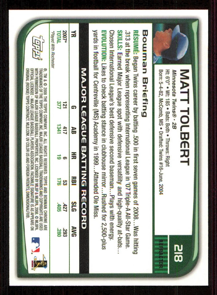 2008 Bowman Chrome Refractors #218 Matt Tolbert - Image 2 of 2