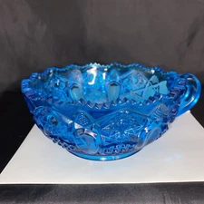 Vintage MCM Blue Blunique Glass Nappy Candy Soup Dish With Handle