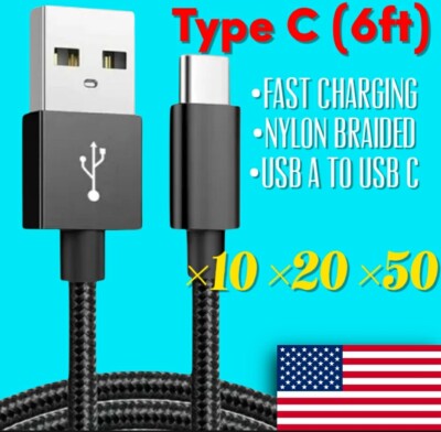 USB Type C Cable, USB A to USB C 3A Fast Charging (6ft Black) braided Lot USA