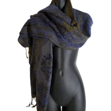 Pashmina Silk Fringed Scarf Paisley Blue Gold Soft Oversized 27/68"