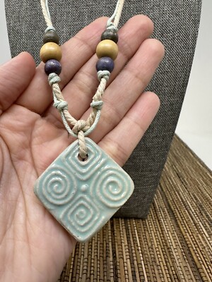 Mint Green Boho Handmade Spiral Necklace with Engraved Ceramic Pendant