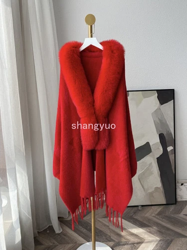 OFF WHITE Scialle donna cashmere con collo vera pelliccia di volpe mantello pelliccia calda cappotto poncho mantello