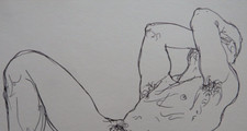 Male Nude Ink Drawing of a Muscular Male Nude Reclining on Paper