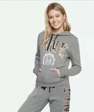 Nwt Victorias Secret Pink Gray Bling Gold Sequin Logo Fleece Pullover Hoodie Xs