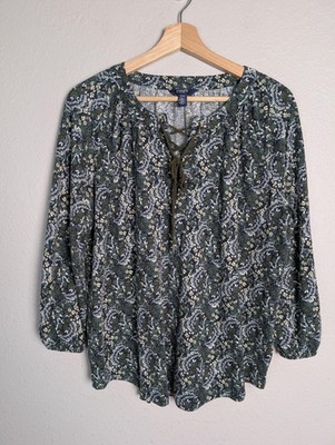 Chaps Tunic Womens M Green Floral V-Neck Tasseled Jersey Long Sleeve Relaxed