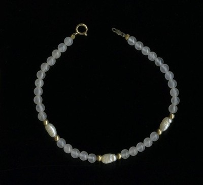 14K 4,2 Gramm massives Gelbgold 7,25'' weißer Quarz & Perlen Strang Armband * YT
