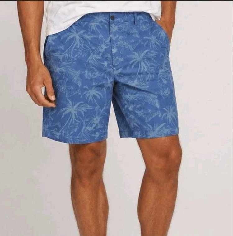 Izod Men's Flat Front Stretch Blue Shorts With Palm Tree/Flower Design Size 38