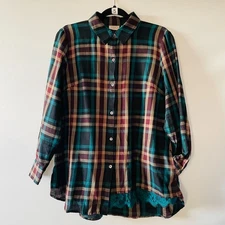 Logo by Lori Goldstein Womens Multicolor Woven Plaid Lace Trim Tunic Shirt Sz S